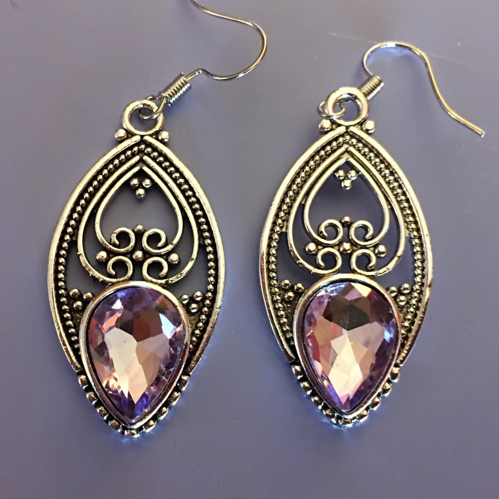 Silver Plated Dangle Earrings, Filigree, Light Purple Amethyst Crystal